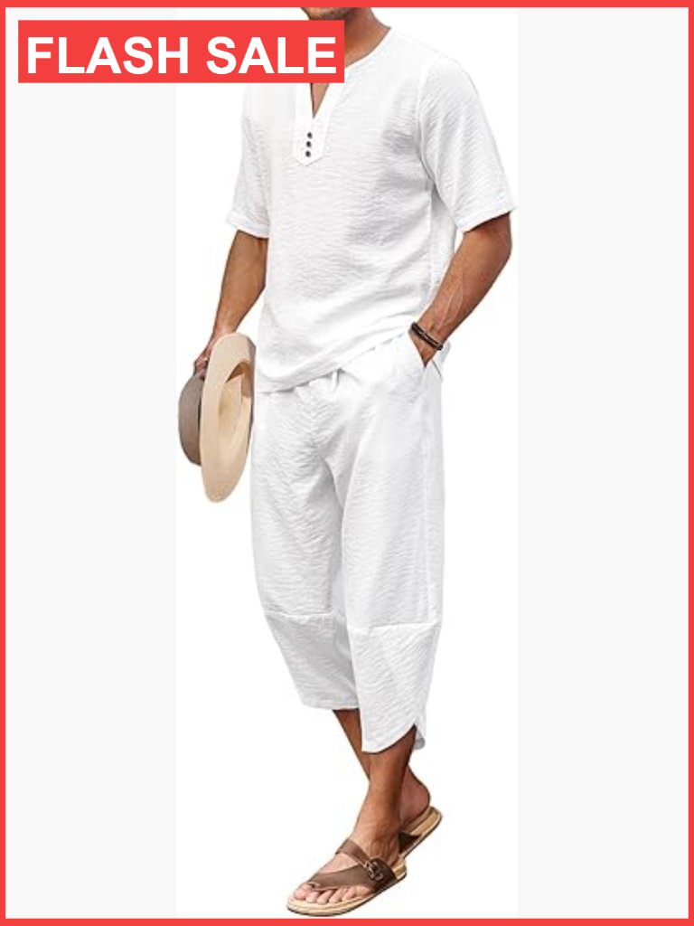 Men's Linen Henley Shirt & Wide Leg Capri Pants Set For Beach Yoga
